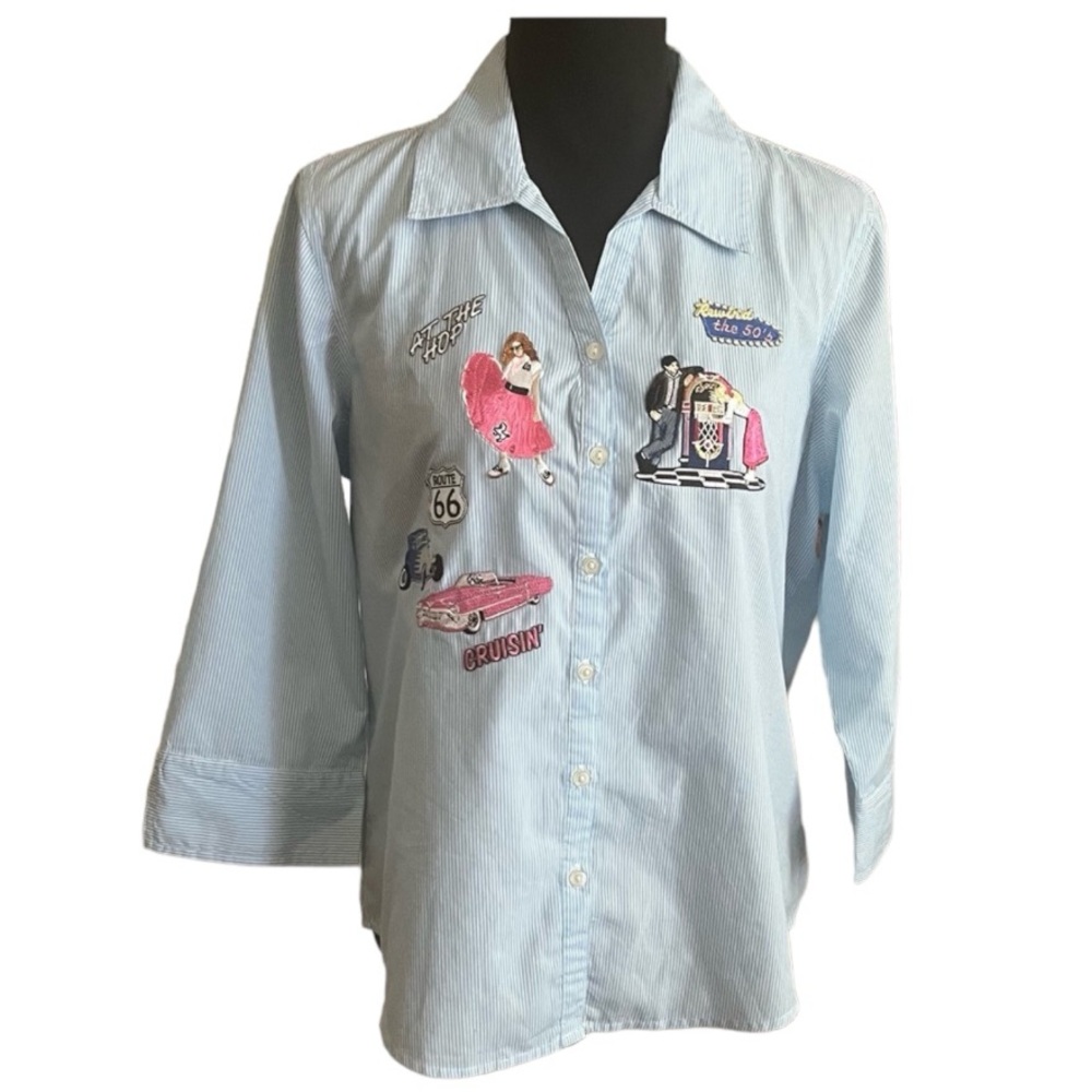 Tia Designs blue white stripe 50s theme bowling button down shirt size small